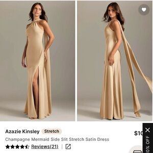 Azazie Champagne Stretch Satin Maxi Dress with Side Slit